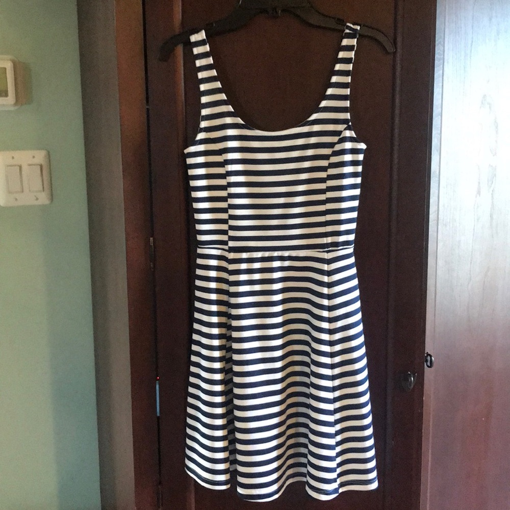H&M Navy and White Striped Sleeveless Fit-and-Flare Dress